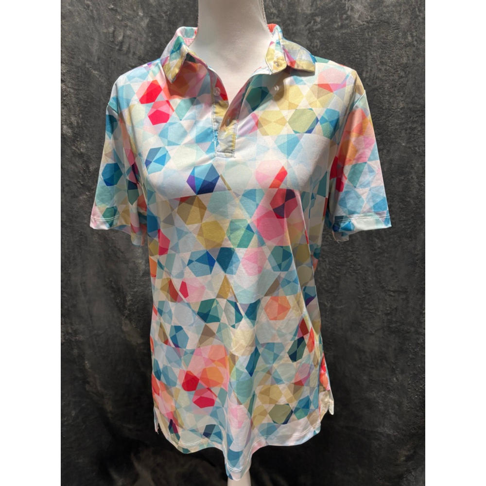 EUC YATTA Golf Sports Multi-color Geometric Print Polo Shirt Woman's Size Small